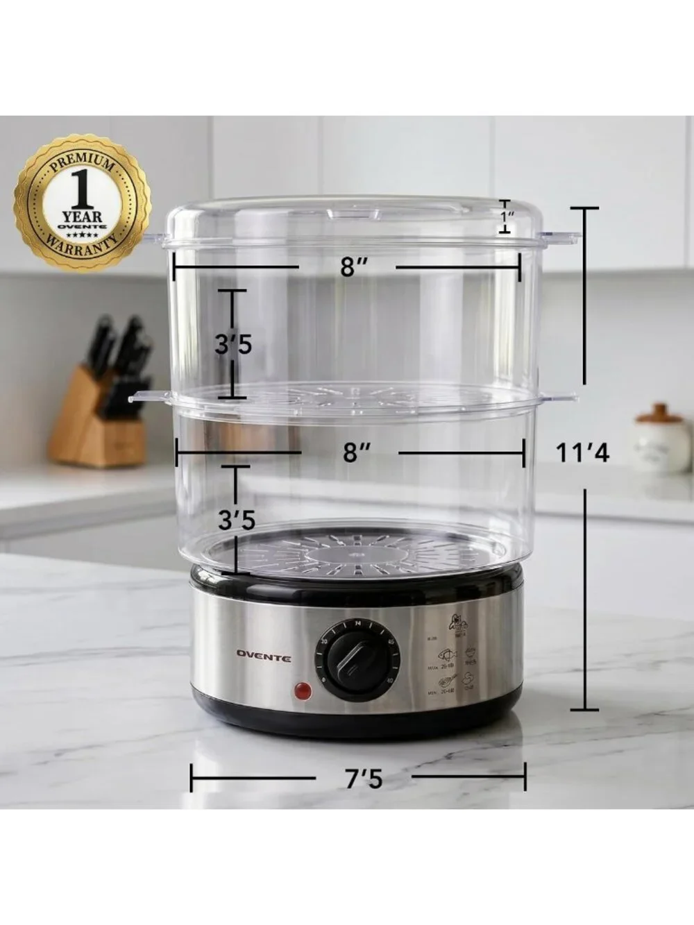 2-Tier Stainless Steel Electric Food Steamer, 5 Qt, Stackable, 400W, Timer